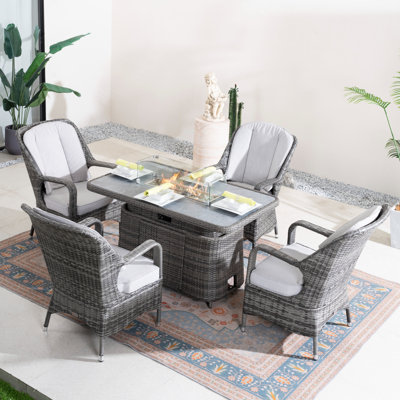 4-Person Wicker Patio Dining Set With Cushions And Adjustable Fire Pit Table by Red Barrel Studio