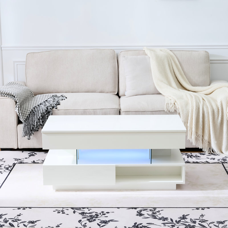 Table basse à plateau relevable de 39,3 po avec compartiment caché, 2 tiroirs de rangement et lumières DEL réglables, tables basses multifonctionnelles modernes pour le salon, la chambre à coucher et le bureau (blanc)