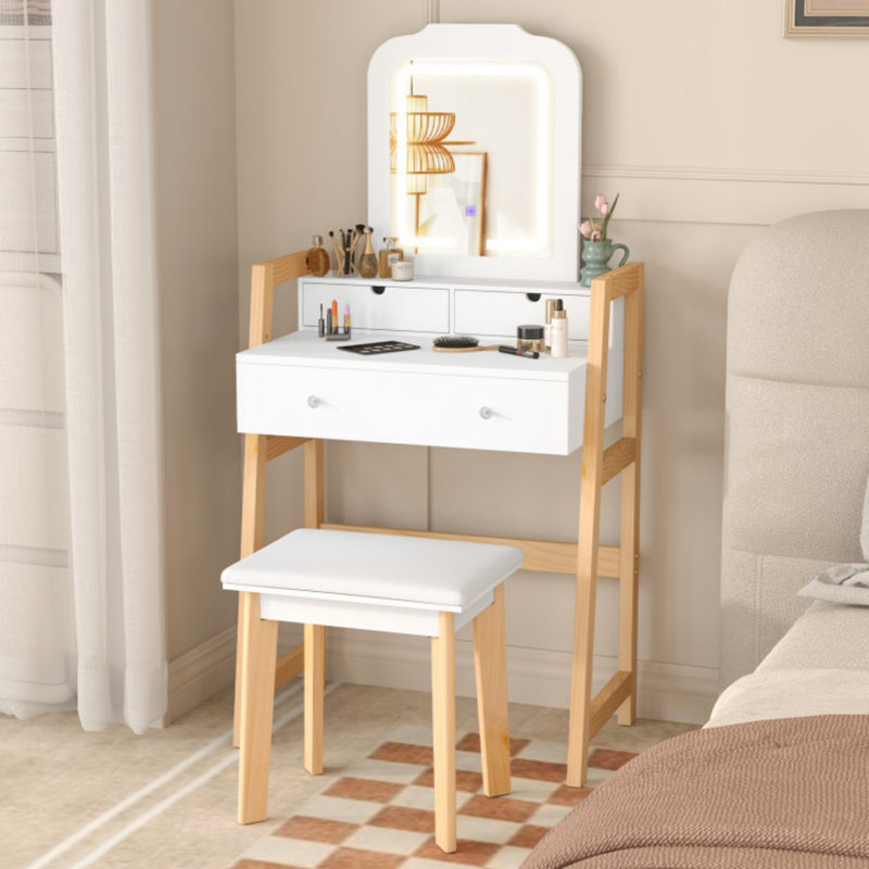 Ensemble de coiffeuse avec miroir à DEL, coiffeuse et tabouret avec 3 réglages de lumière, hauteur réglable