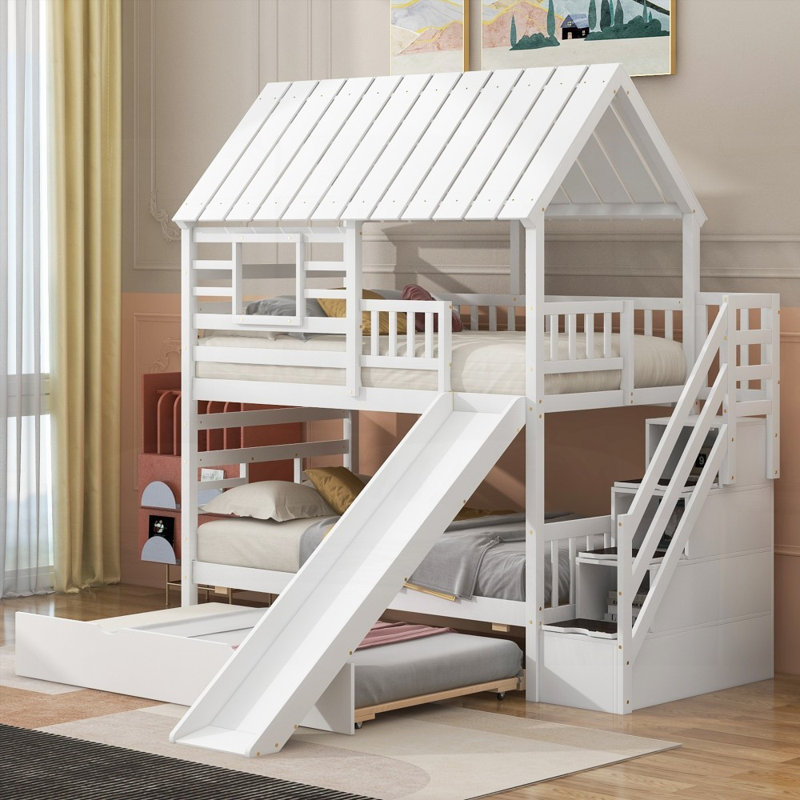 Lit simple superposé avec lit gigogne et glissade, sans sommier tapissier, fabrication en pin robuste (L 94,5 po x l 45,5 po x H 94 po)