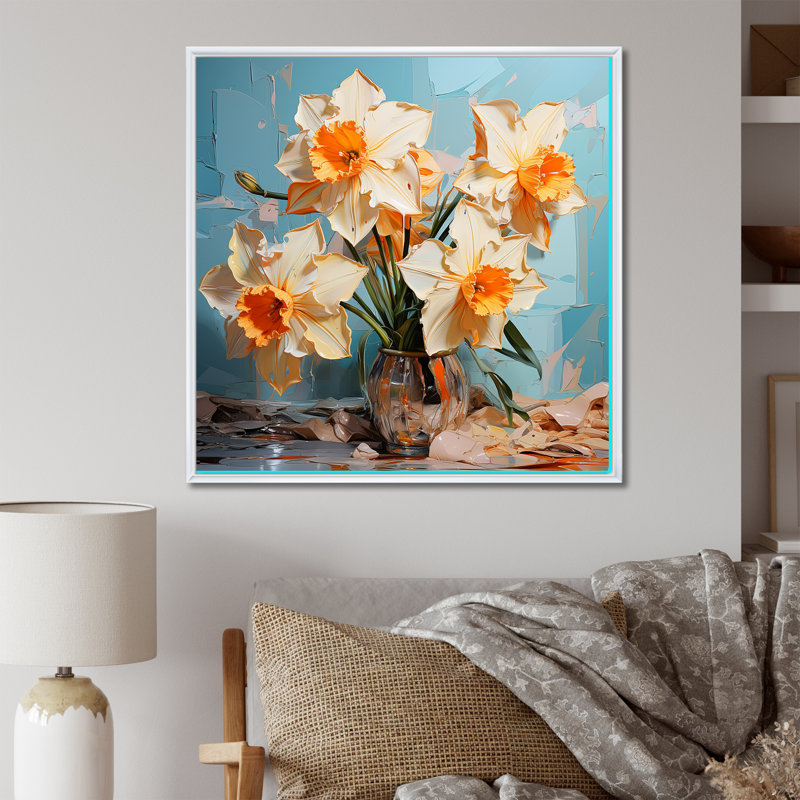 Jonquilles fleuries avec un pinceau féroce, H 36 po x l 36 po x P 1,5 po, Cadre flottant blanc