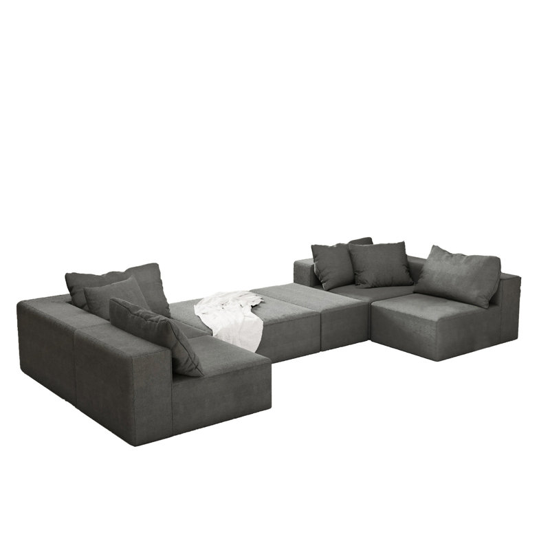 Salon modulaire 6 places - L 132 po avec revêtement en chenille et rembourrage en mousse carré gris, Gris