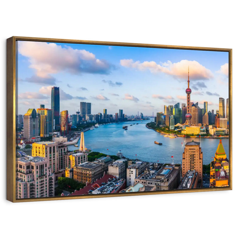 Horizon du coucher du soleil de Changhaï, 46 po x 31 po, Cadre flottant doré