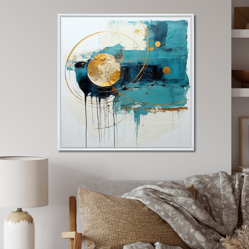 Céleste délice abstrait en turquoise et or, H 24 po x l 24 po x P 1 po, Cadre flottant blanc