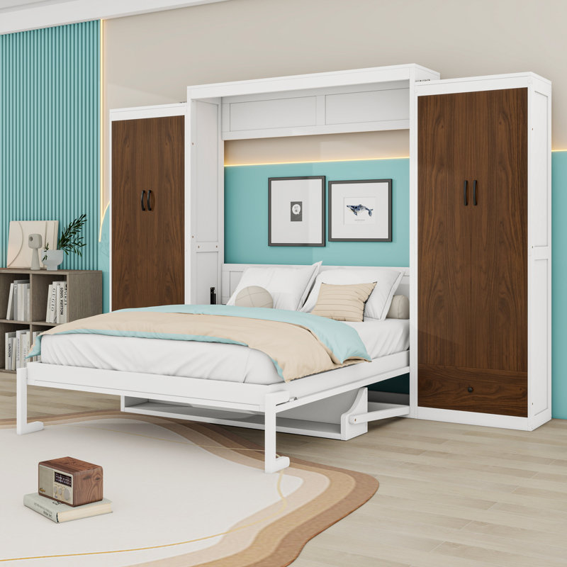 Lit escamotable en bois avec 2 tiroirs et garde-robe intégré, Grand