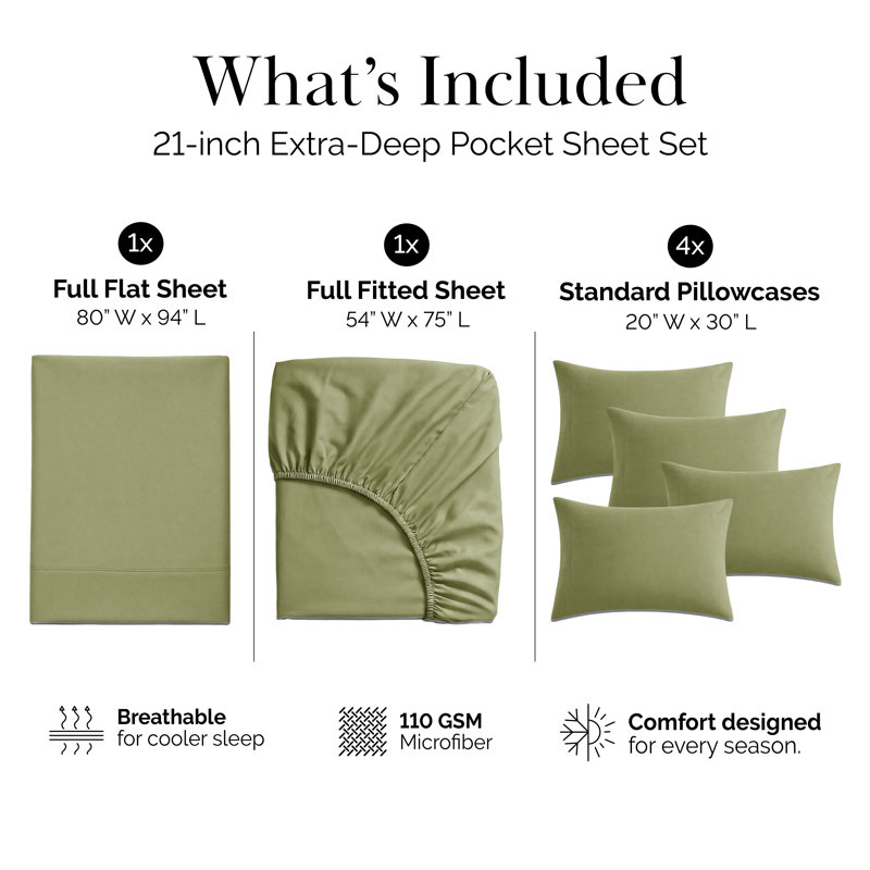 Southshore Fine Linens Vilano Springs Extra Deep Pocket 6-Piece Sheet Set, Ultra Soft Double-Brushed 110 GSM Microfiber Bedding, 21-Inch Deep Pocket, 4 Pillowcases, Full, Sage Green