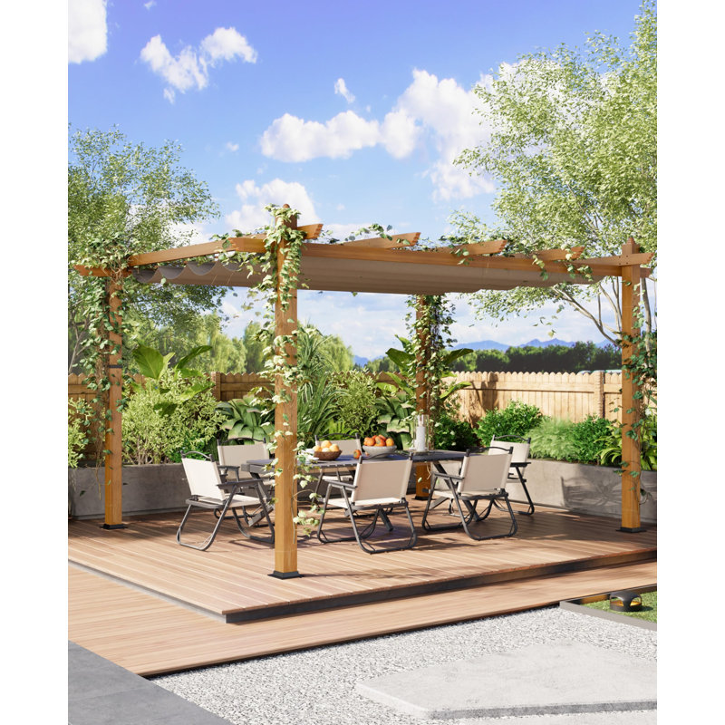 10x13FT Retractable Pergola with Wood-Grain Finish – Heavy-Duty Aluminum Outdoor Pavilion with UPF 50+ Waterproof Canopy – Modern Gazebo for Patio, Deck, Backyard & Poolside, Khaki