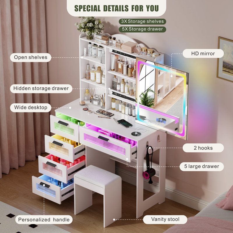 Vanity Dressing Table with RGB Lighted Mirror, Hidden Storage Cabinet, Charging Station, Drawers and Cushioned Stool, White