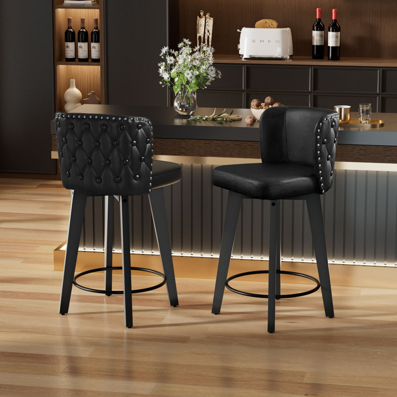  Swivel Upholstered Solid Wood Counter Stool (Set of 2), Black
