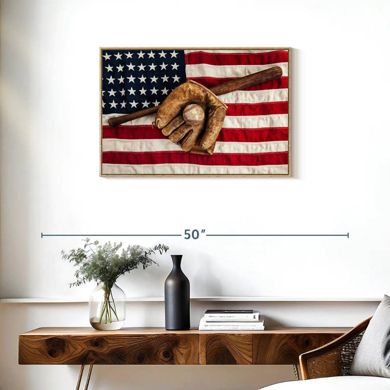 Drapeau américain de l'équipement de baseball, Cadre flottant en bois naturel, 31 po x 21 po