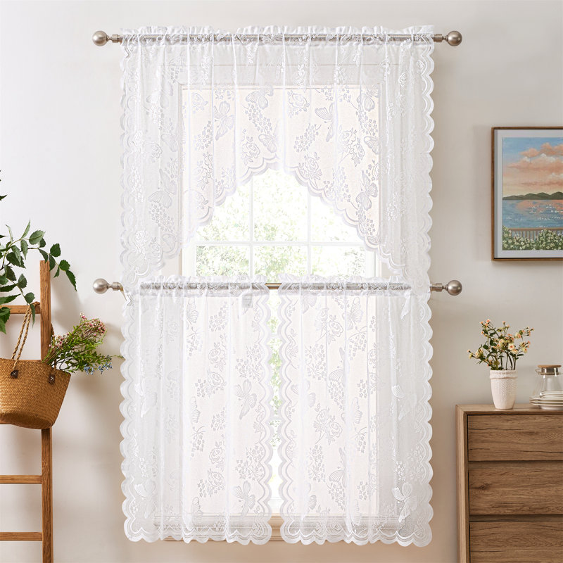 August Grove® Denyelle Floral Lace - Sheer 3 Piece Kitchen Curtains Set, Light Filtering Transparent Window Swag Valance + 36 inch Tiers Set