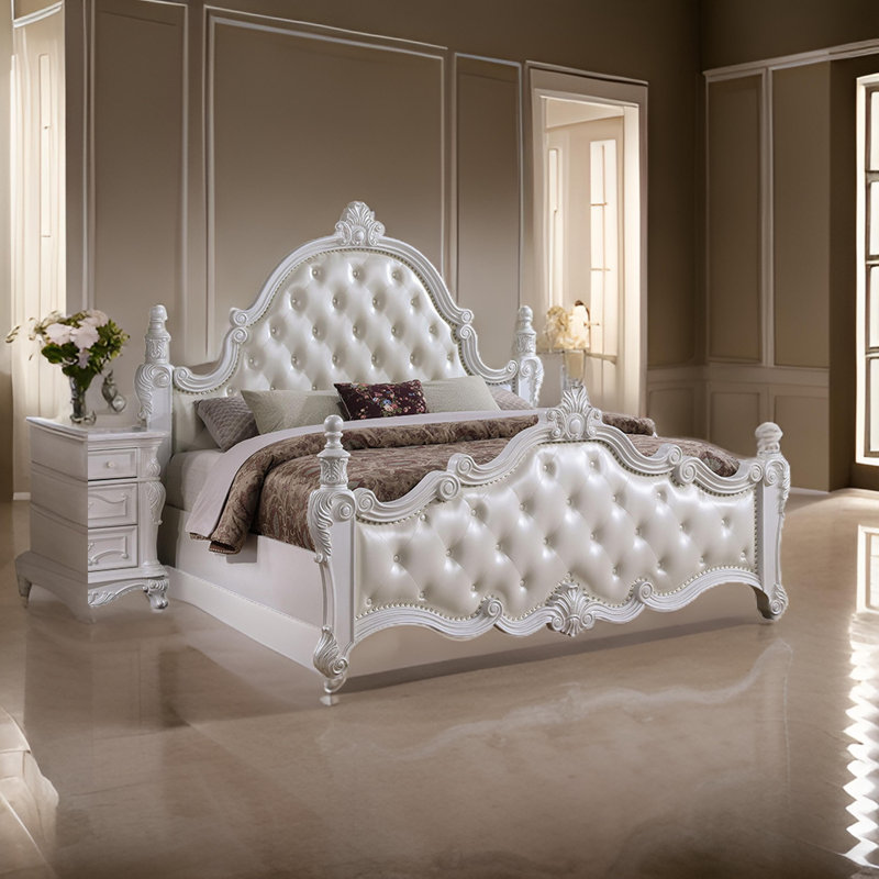 Moni King Bed, White Button Tufted Traditional Upholstery, Solid Wood, White, King