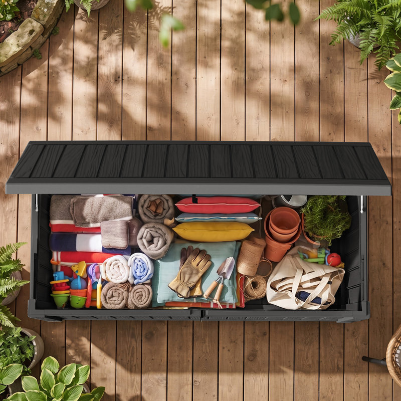 Boîte de rangement extérieure 200 gallons, boîtes de rangement extérieures en résine imperméable, contenant verrouillable pour outils de jardinage, coussins intérieurs, accessoires