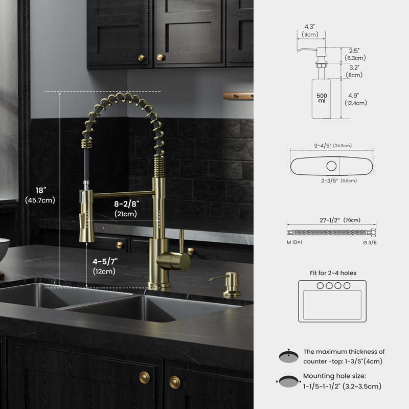 Stainless Steel Single Handle Pull Down Kitchen Faucet With Soap Dispensor, Brushed Gold