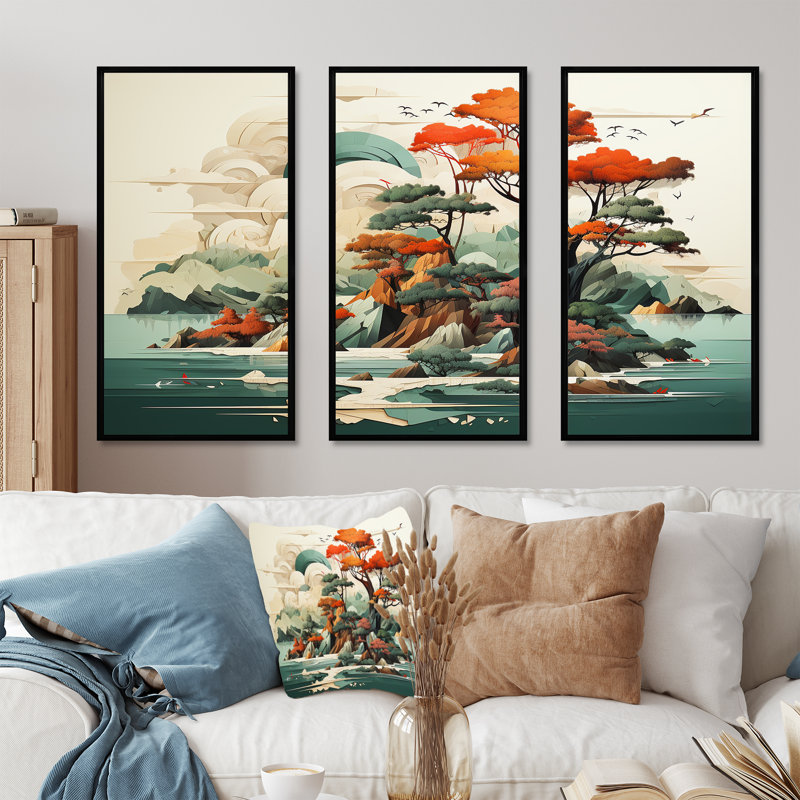 «Vintage Japanese Lake Scenery I - Abstract Landscape», art mural, Cadre flottant noir, H 40 po x l 61 po x P 1 po