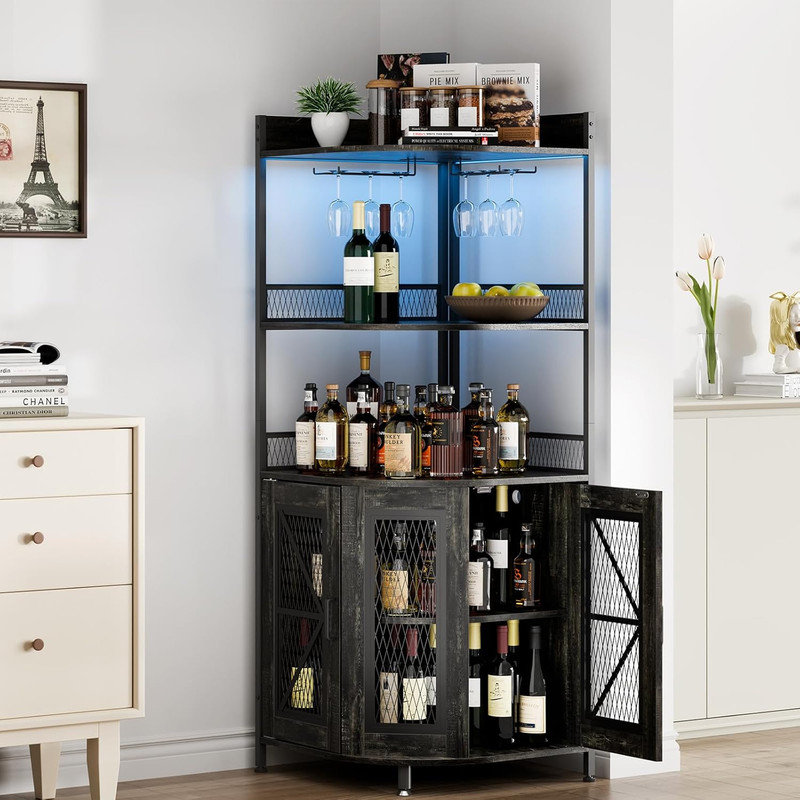 64" Tall Corner Bar Cabinet with LED Strip – 5-Tier Industrial Cabinet with Power Outlet & Glass Holder, Wine/Display Cabinet for Small Spaces