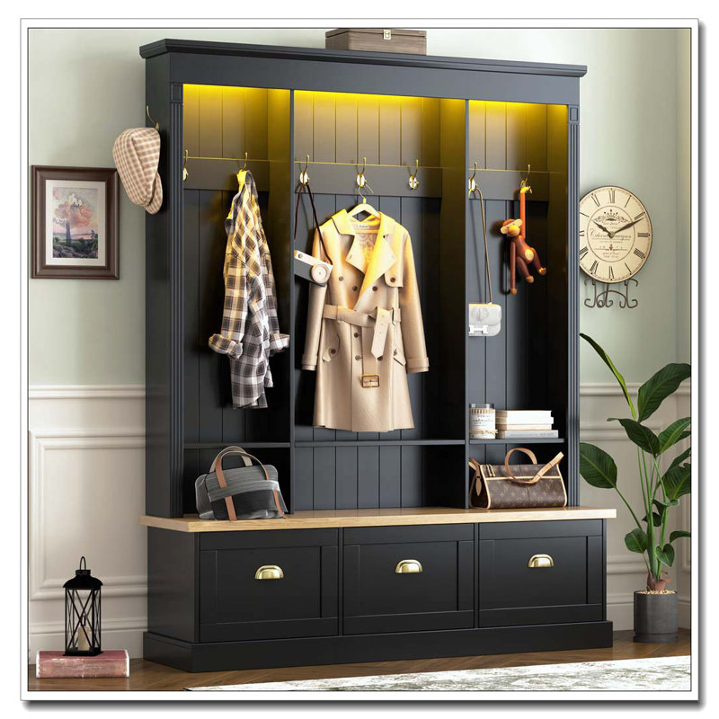 Elegant APP Controlled LED Light Hall Tree with 9 Hooks, Roman Column Design Natural Storage Bench with 3 Large Cabinets