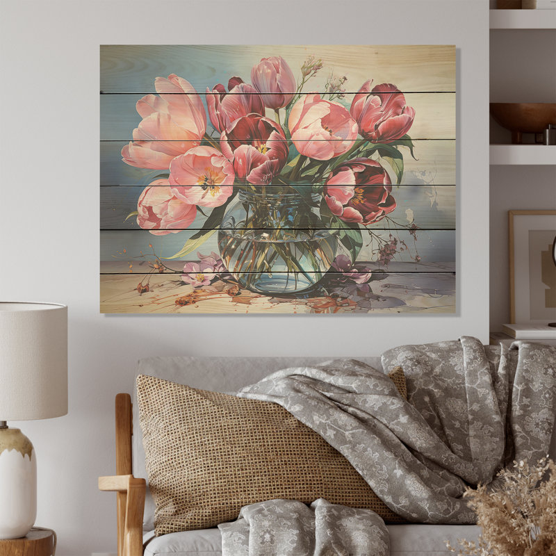Tulips On The Beach - Tulips Wood Panel Wall Art On Natural Pine Wood, 30" H x 40" W