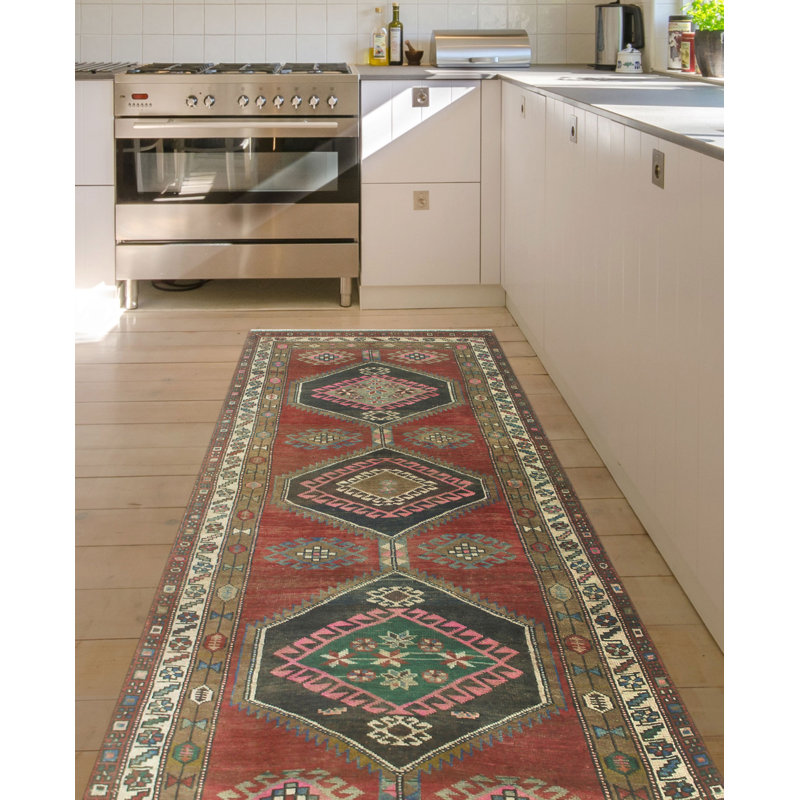 One-of-a-Kind 3'5" x 8'2" 1980s Runner Wool Area Rug in Blue and Brown