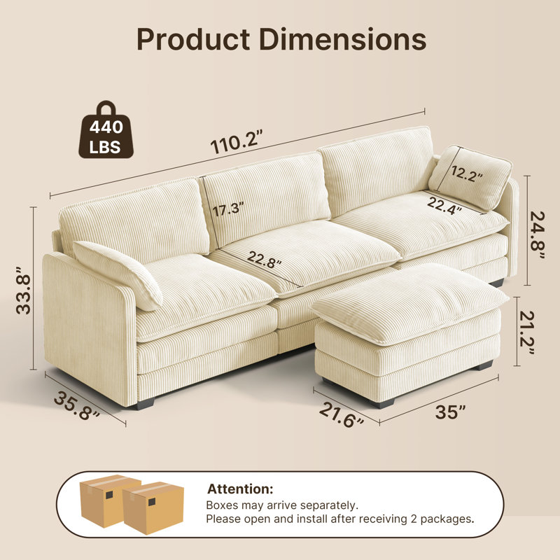 3-Seat Corduroy Sofa Sleeper, Sectional Sofa Comfy Cloud Couch with Movable Ottoman & Arm Pillows for Living Room, Cream 
