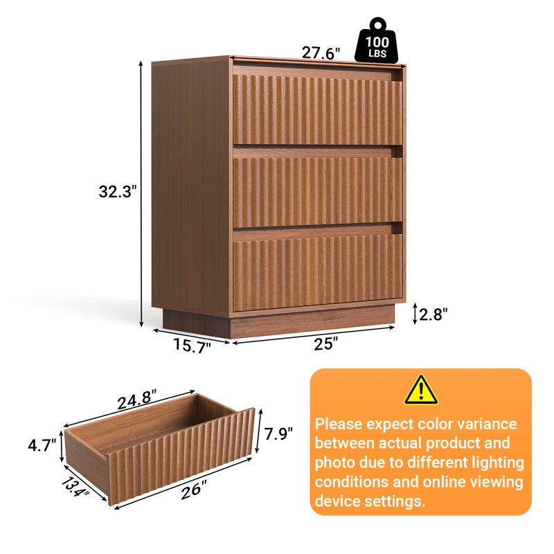 Stanton 27.5"W 3-Drawer Dresser Single Dresser With Waveform Fluted Panel