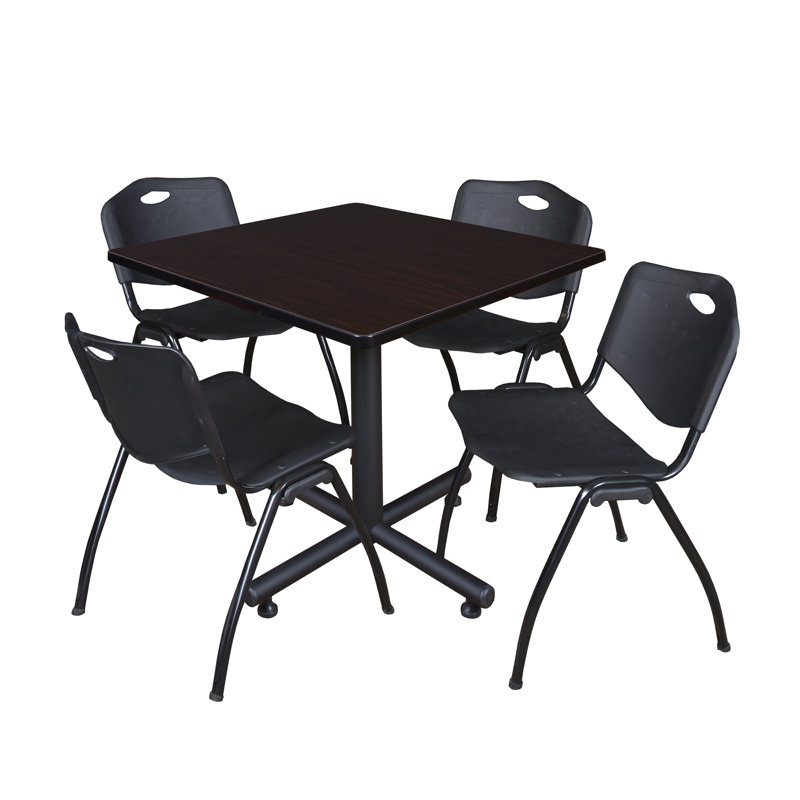 Table de salle de repos carrée Nicklo, chaises empilables 4 M, Cerisier, Noir, 36 po