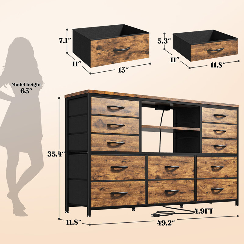 Dresser For Bedroom With Power Outlets And Led Lights, 12 Drawers Tv Stand Dressers With 2 Tire Shelves, Brown