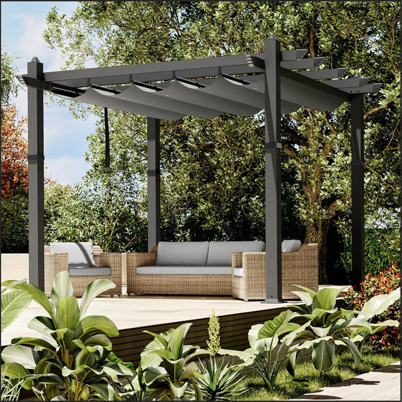 Outdoor Retractable Pergola Aluminium Pergola Canopy with Adjustable Roof, Upgraded Faux Wood Grain Modern Metal Patio Pergola for Deck, Backyard Garden, Porch, Grape Trellis