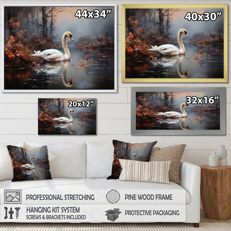 Cygne dans la brume I sur toile, Cadre naturel flottant, H 30 po x l 40 po x P 1,5 po