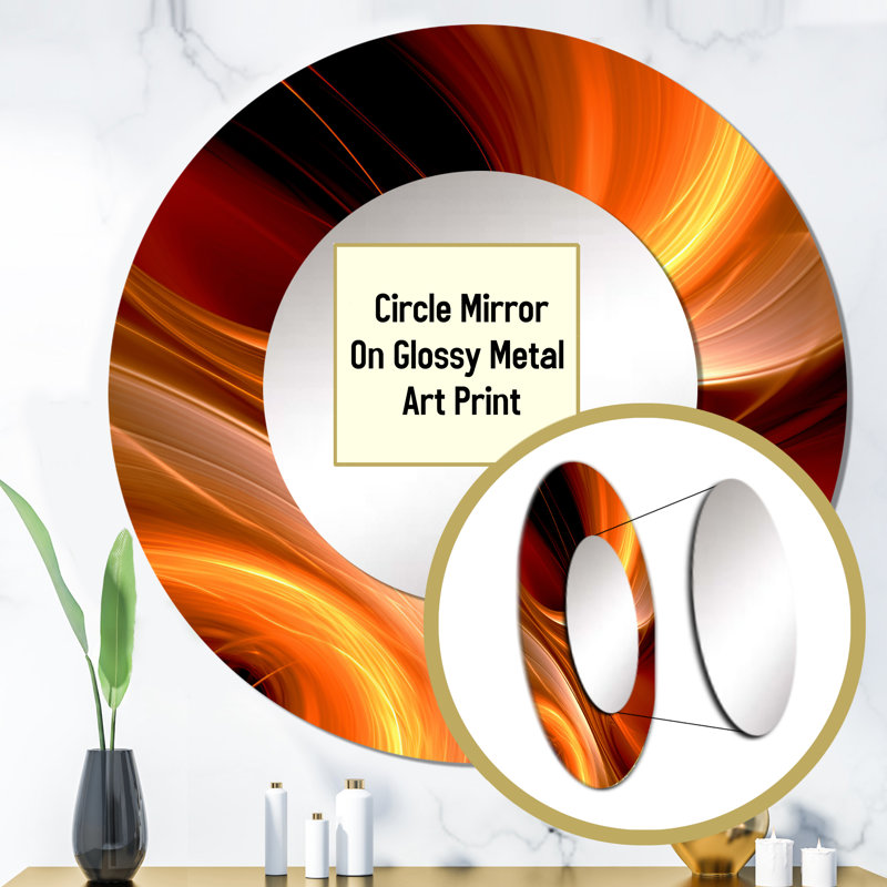Orange Abstract Warm Fractal Design II - Fractals Round Mirror For Wall Decor, 29" x 29"