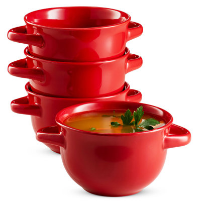 Pot à soupe en oignon français en céramique avec poignées Kook, 18 oz, cerise, ensemble de 4