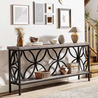 70.9” Extra Long Industrial Console Table, Narrow Sofa Table With Open Storage Shelves, Rustic Entryway Table For Hallway, Foyer, Or Living Room, Metal Frame, Vintage Grey