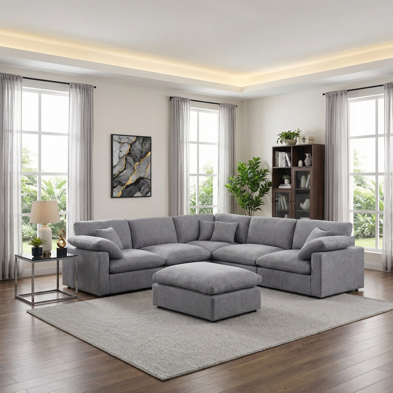 6-Piece 110" L-Shaped Sectional Sofa with Ottoman, Light Gray Chenille