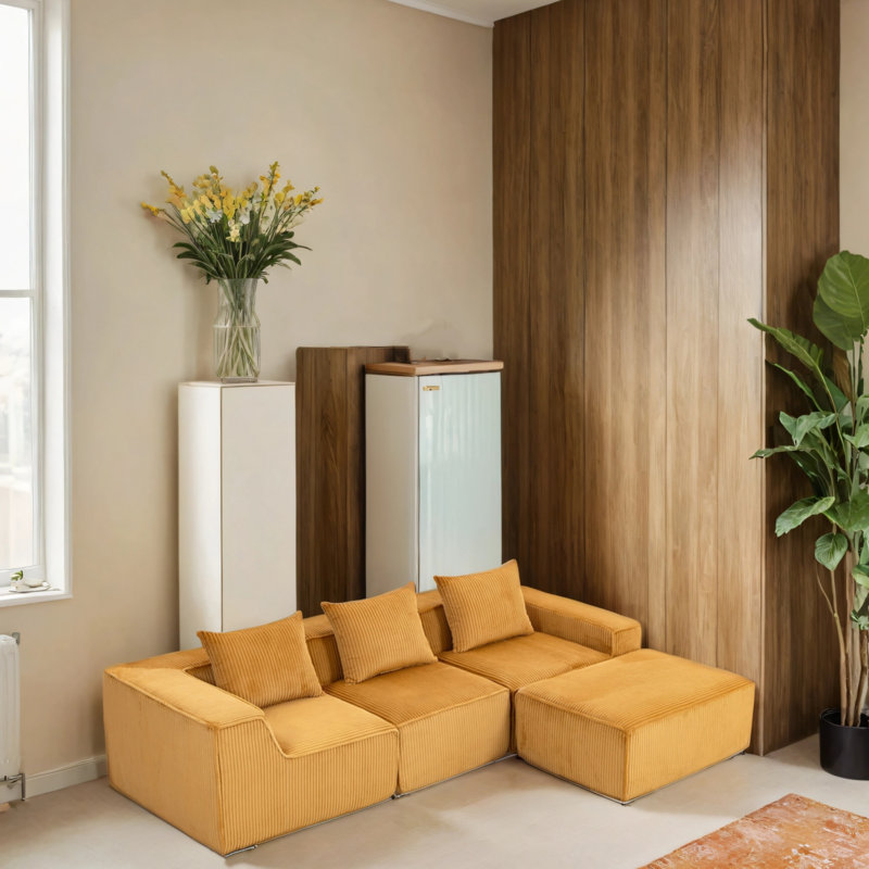 Canapé modulaire en velours avec repose-pieds, Orange