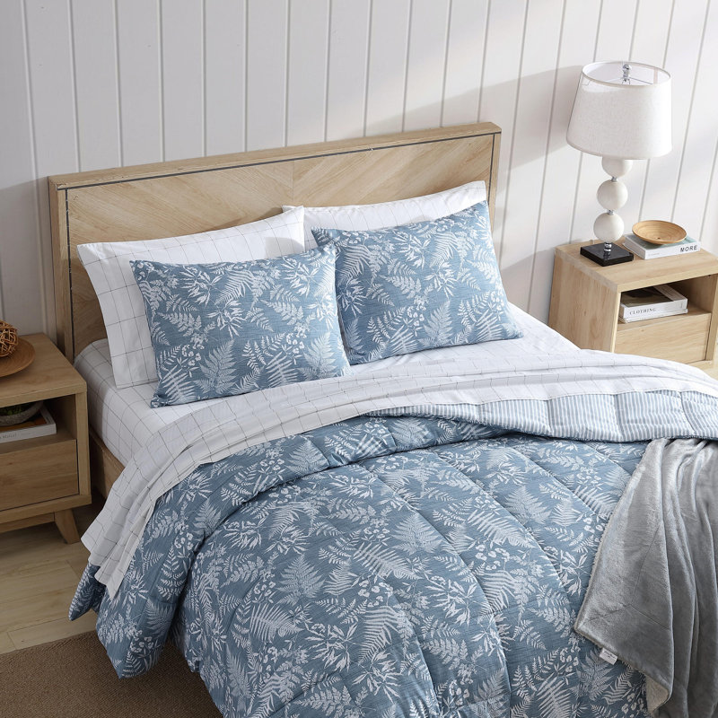 Twin Blue Microfiber Reversible Bedspread Set