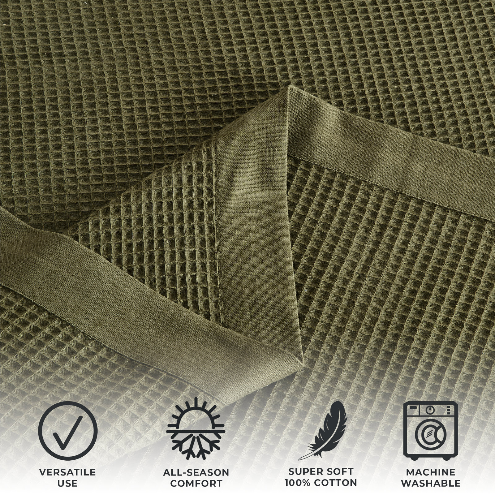 100% Cotton Lightweight Waffle Weave Summer Blanket, Olive Green, King