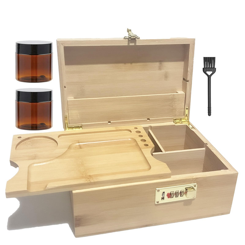 Large Bamboo Stash Box With Combination Lock Jars With Detachable Compartment, Wooden Decorative Storage Box With Alright Brushes
