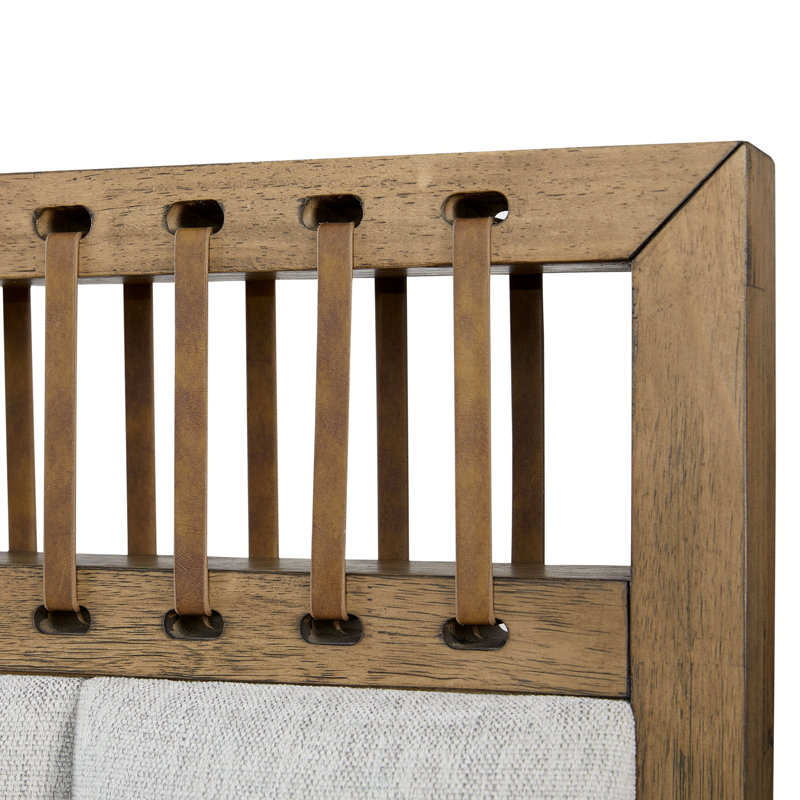 Queen Upholstered And Strap Panel Bed With Latte Finish, Faux Leather Strapping, And Softer Modern Design For Elegant Bedrooms.