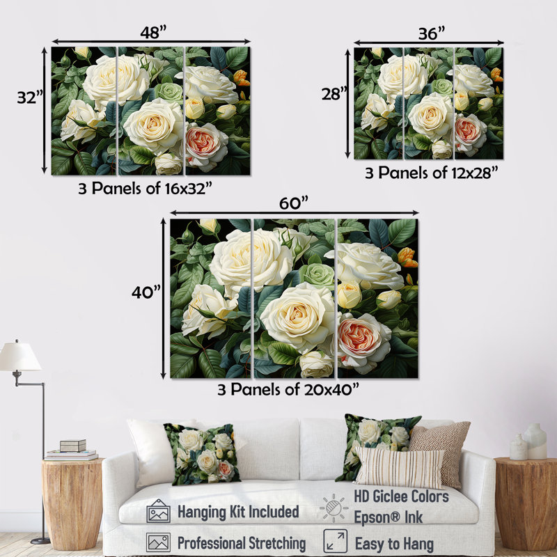 Méticuleusement rendu roses II - ensemble de reproductions d'art mural Roses, H 28 po x l 36 po x P 1 po