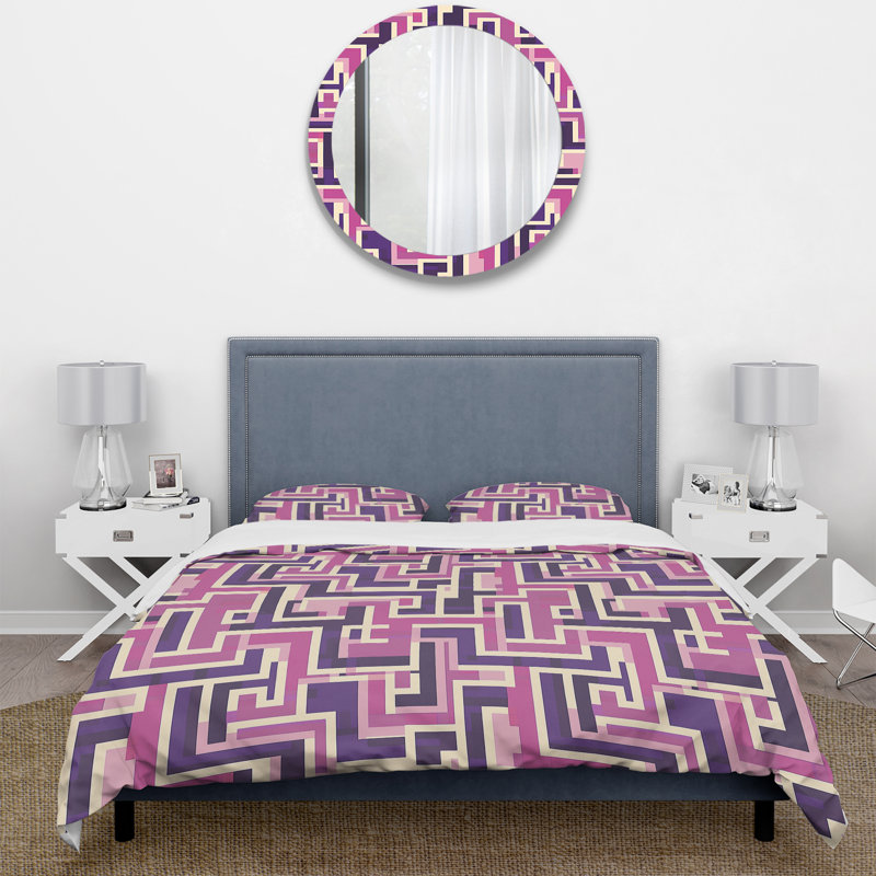 Pink Purple Midcentury Maze Dream II - Midcentury Duvet Cover Set, Queen Duvet Cover + 2 Standard Pillow Shams