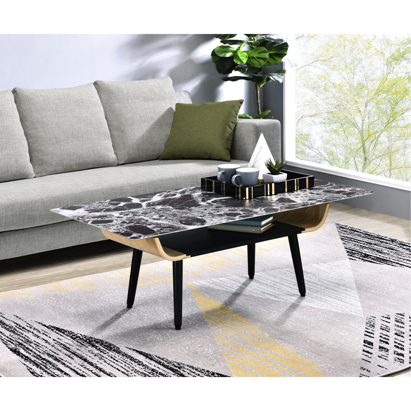 Table basse de 47 po avec tablette de rangement, plateau en marbre de verre et pieds en bois cintré: texture imprimée en 3D, base réglable solide