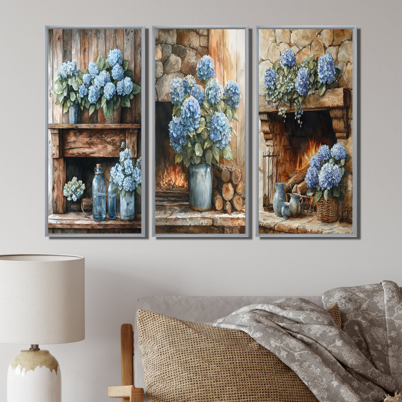 Hortensias près du foyer I - Collection d'art mural hydrangées dorées, Argent argent, H 32 po x l 48 po