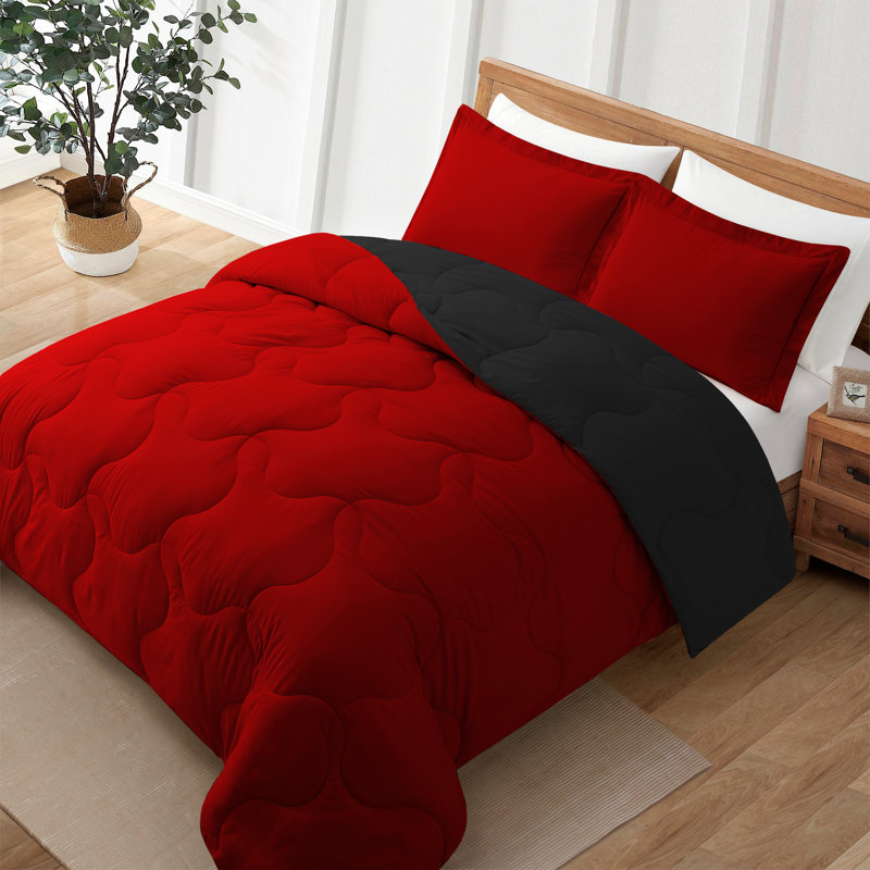 Ensemble d'édredon réversible en microfibre , Édredon très grand + 2 taies décoratives très , Rouge / noir