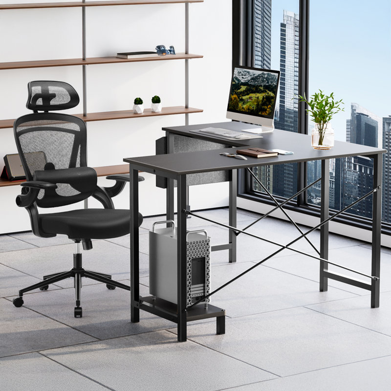 Ensemble de bureau et de chaise: bureau d'ordinateur en L et chaise de bureau en filet, Chaise noire / bureau noir