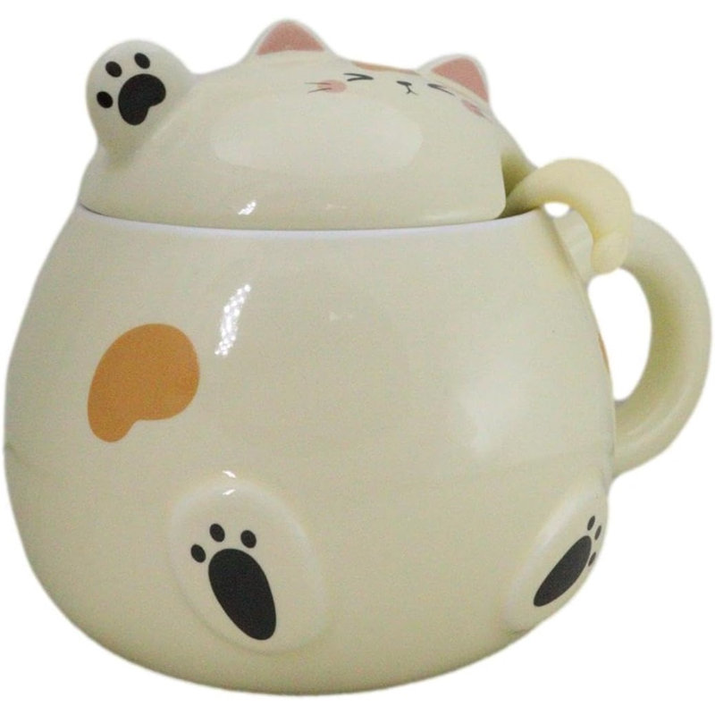 Grande tasse à chat fantaisiste jaune félin avec couvercle et cuillère