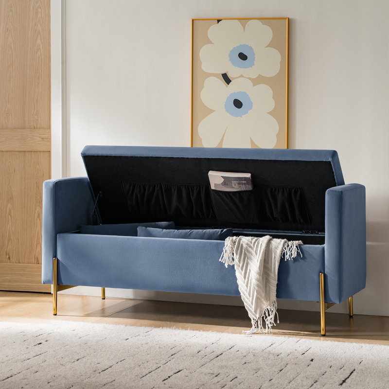 Aristides 56''W Upholstered Flip Top Bench with Subdivided Storage and Toss Pillows, Slate Blue