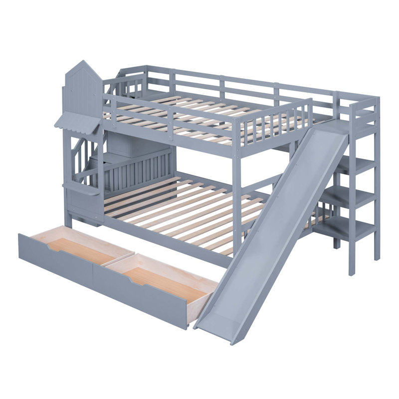 Hannu 2 Drawers Bunk Bed with Storage Stairs, Slide and Bookcase, Gray, Full over Full