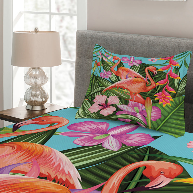 Tropical Flamingo Green Polyester Twin Bedspread Set