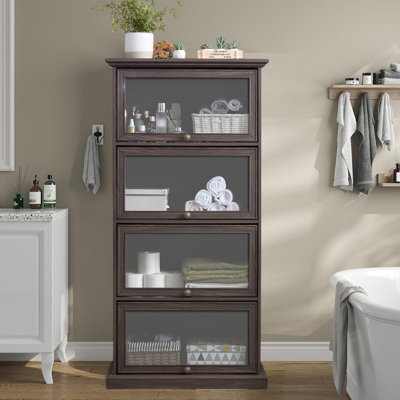 4 Tier Bathroom Storage Cabinet With Flip Up Glass Doors