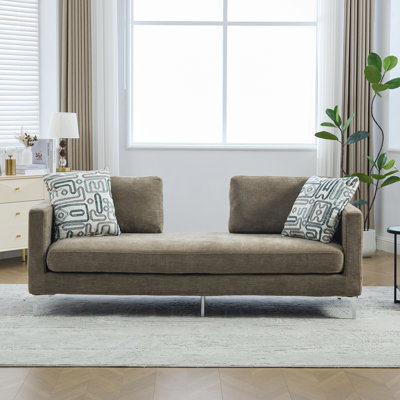 Canapé-lit méridienne en chenille taupe, une pièce, grand format, avec 4 coussins, assise profonde, structure en bois massif